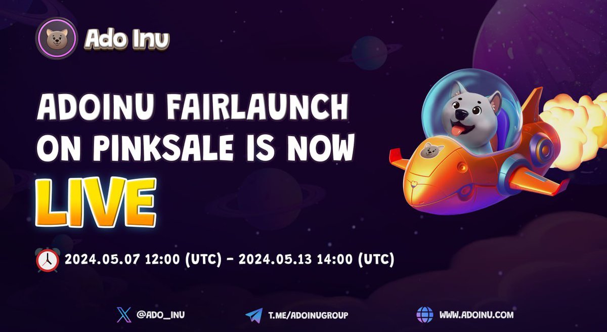 🔥$ADO #Fairlaunch on #PinkSale: Your Golden Chance to #1000x and Become a Crypto Millionaire!!! 🚀🚀 🟢 Buy on Pinksale : pinksale.finance/solana/launchp… ⏰ Start : 2024.05.07 - 12:00 (UTC) ⏰ End : 2024.05.13 - 14:00 (UTC) ⭐️ Note: each 500$ will receive 1 random ADO #NFT 👉 Tg :…