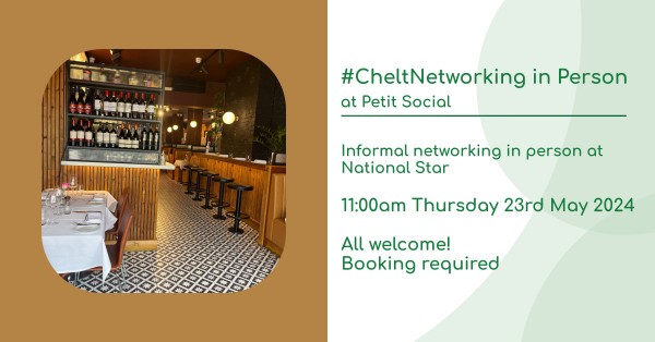 #CheltNetworking in Person at Petit Social - Connect, informal & informative 11:00am on Thursday 23rd May 2024, the #CheltNetworking group run by Belinda at glos.info will be meeting at Petit Social, Cheltenham. More here: glos.info/networking-in-…