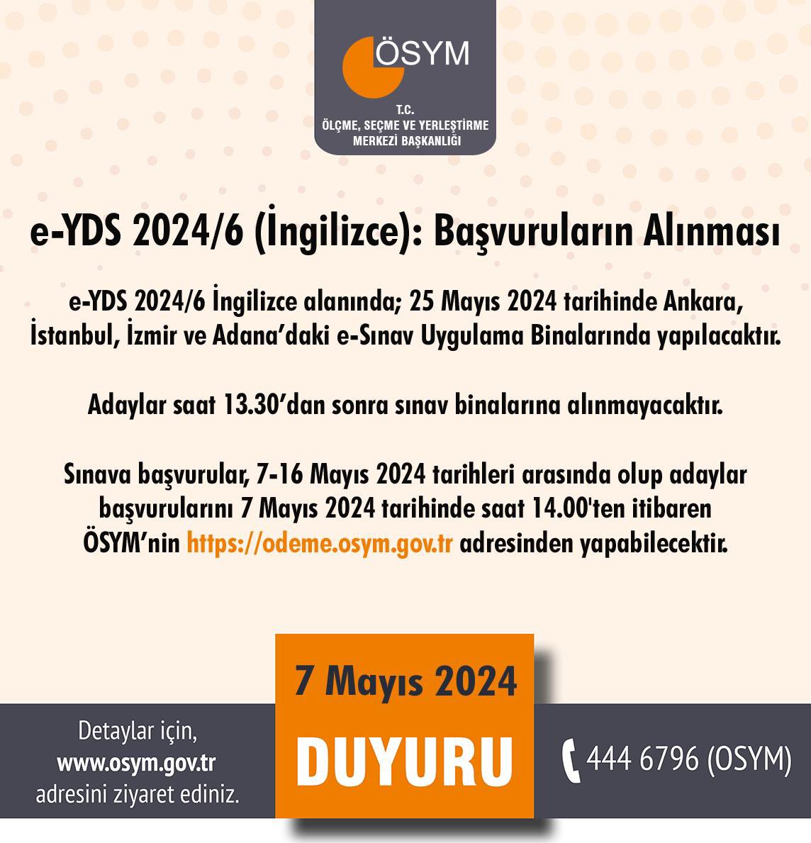 e-YDS 2024/6 (İngilizce): Başvuruların Alınması osym.gov.tr/TR,29362/e-yds…