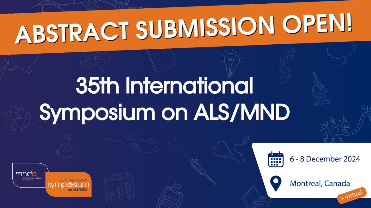 📣 Call for abstracts! 📣 Share your research at the 35th International Symposium on #ALS #MND! #alsmndsymp Submit your abstract for the chance to present your work at the largest conference dedicated to ALS/MND. 📆 Deadline: 11 July More details: symposium.mndassociation.org/abstracts/