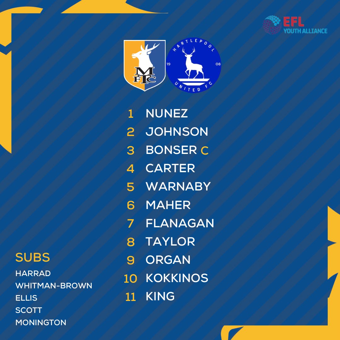 📋 Our under-18s’ side to face Hartlepool United this afternoon at One Call Stadium (1pm kick-off). Good luck, lads! 👊 #Stags 🟡🔵