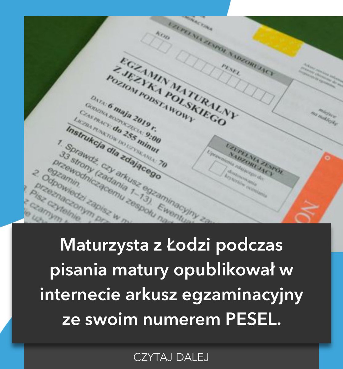 Maturzysta, który naruszył regulamin egzaminu, publikując zdjęcia arkuszy maturalnych z języka polskiego, został zdyskwalifikowany" - poinformował Interię dr. Marcin Smolik, dyrektor (CKE).