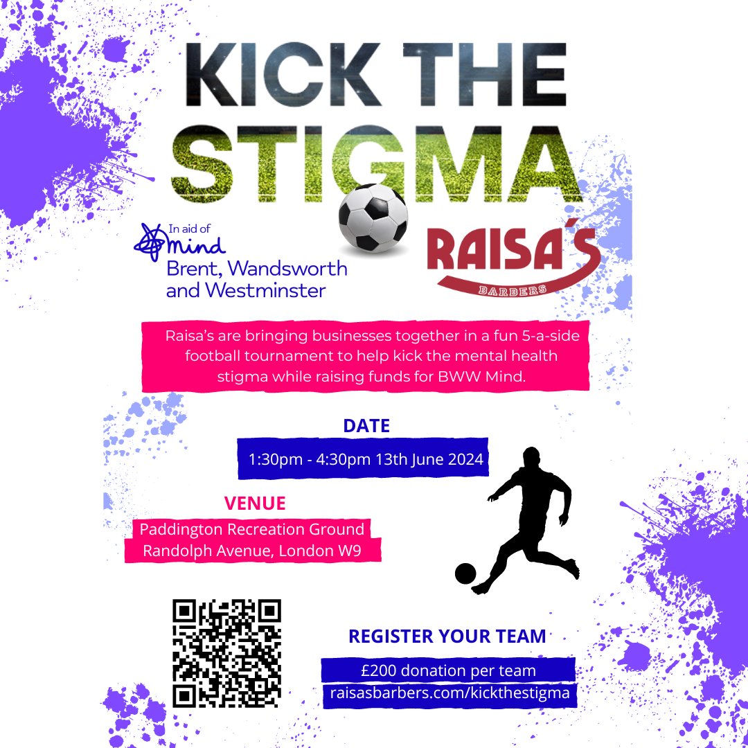 Raisas Barbers is launching its campaign ‘Kick The Stigma’ in partnership with @BWWMIND to raise awareness of Mental Health. Raisas Barbers calls for businesses to get involved in a fun five-a-side friendly football tournament. To register your team 👉 raisasbarbers.com/kickthestigma