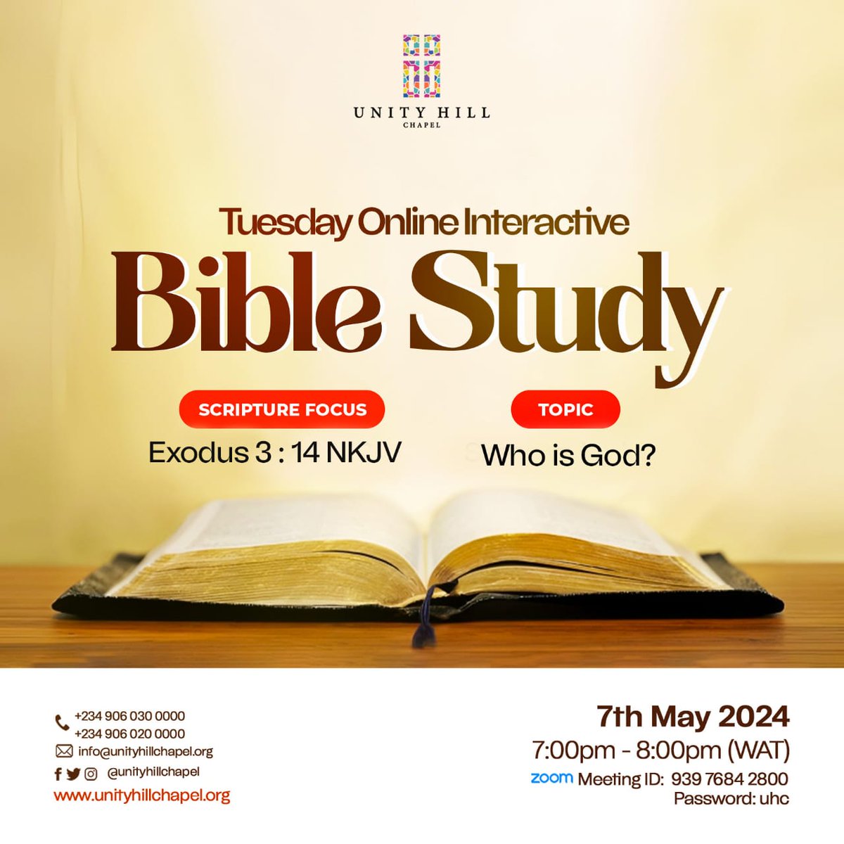 unityhillchapel's tweet photo. Have you ever wondered about the #nature of #God?

Join us today, Tuesday, May 7th 2024 at 7:00 PM WAT for an insightful Bible study on Exodus 3:14!

Click here to join the study: 
https://t.co/frCHxPWJE8

Meeting ID: 939 7684 2800
Password: uhc

#UnityHillChapel #BibleStudy https://t.co/Z30uSQLLC0