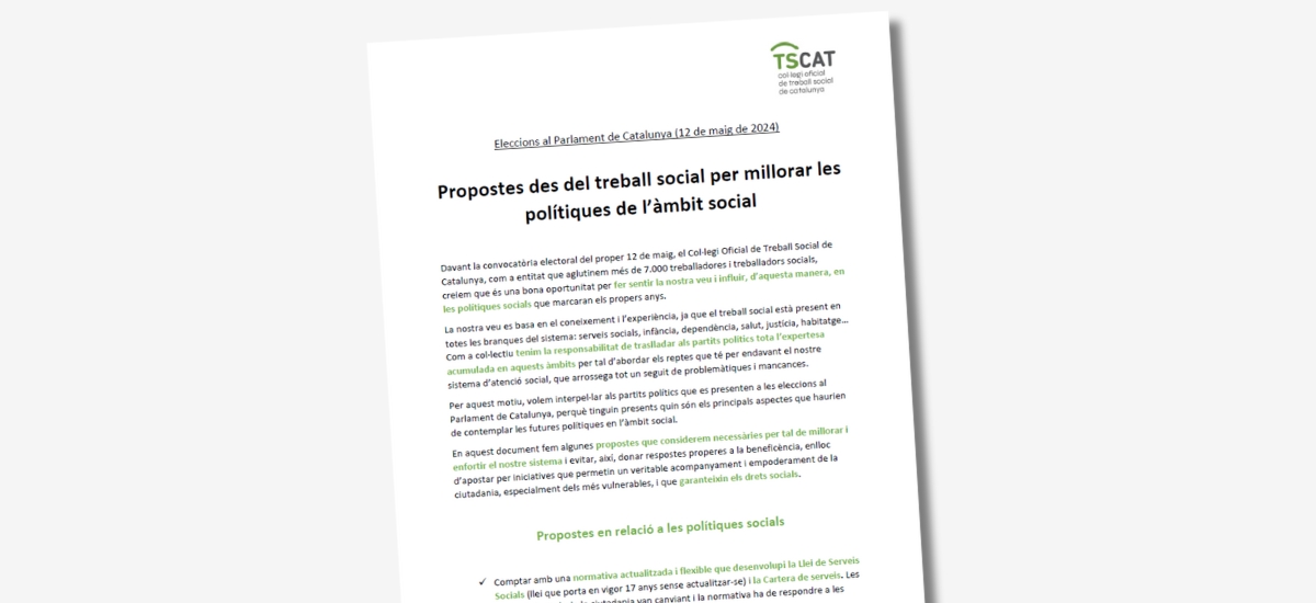 Des del #TSCAT fem tot un seguit de propostes als partits polítics que es presenten a les #eleccions del #12M per millorar les polítiques d'àmbit social i, també, les condicions i el reconeixement de la professió. 

Fem sentir la nostra veu des del coneixement i l'experiència del
