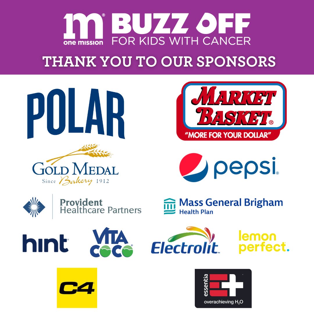 Thank you to presenting sponsors @polarbeverages and @marketbasket and all our other amazing Buzz Off sponsors for their commitment to helping kids fight cancer! 

We couldn’t do it without you! 💜🎗️

#onemission #buzzoff  #whateverittakes #kidsfightingcancer #sponsors