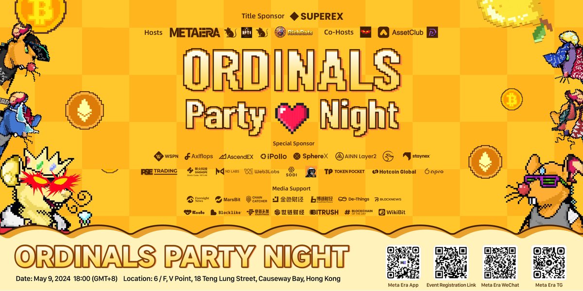🌟 Bitcoin Asia will be held in Hong Kong on May 9th. #Bitcoin  is Rising! 

🌙 Don't Miss Ordinals Night! Held concurrently with Bitcoin Asia, this special event by RichRats, #RATS , and MetaEra showcases the vibrancy of ordinals within the Bitcoin community. Join us on the