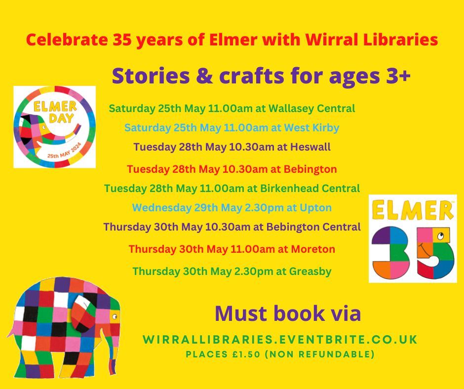 Celebrating 35 years of Elmer with Wirral Libraries! The Bank Holiday may be over but it'll be half term before you know it! If you are looking for things to do then why not book into one of our Elmer craft and story sessions! buff.ly/3J71cNn