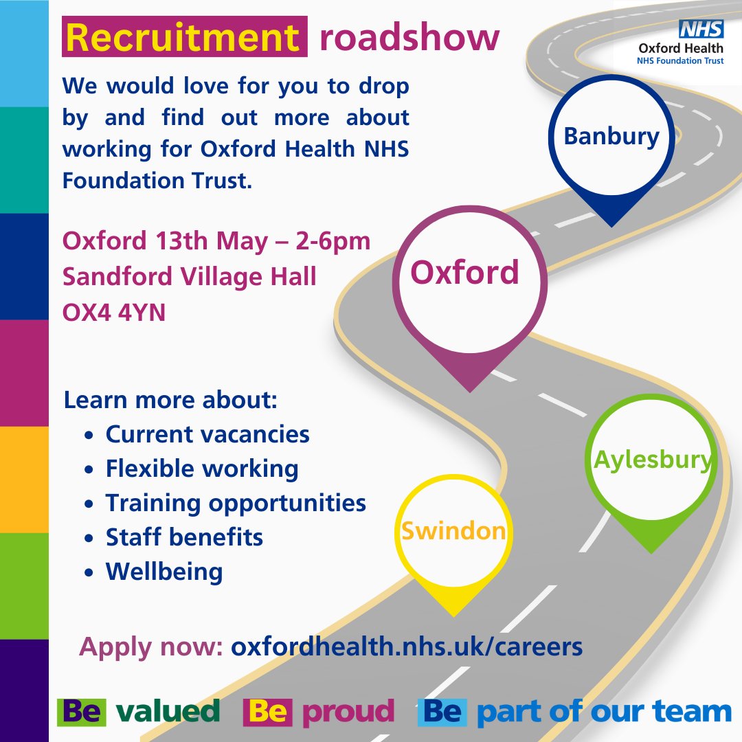 We are hosting a ‘Recruitment Roadshow’ in Oxford on 13th May 2-6pm. Sign up for a chat about opportunities to work in your local community for Oxford Health NHS Trust. Walk-ins also welcome!

💻Book your space – loom.ly/g4ssNJk

#OneOHFT #WorkWithUs #NHSJobs #JoinOurTeam