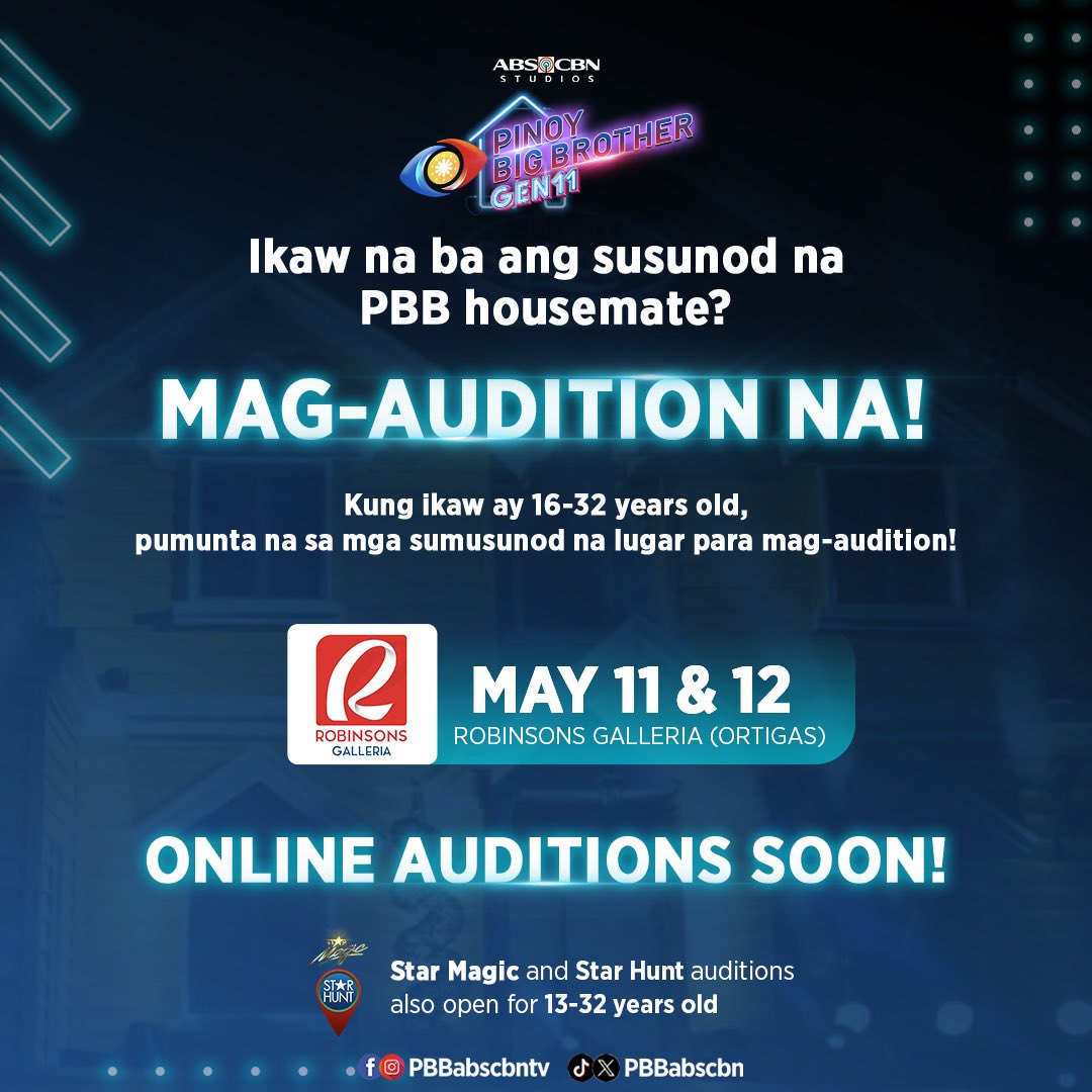 Southies and Northies, let's meet halfway? chz! 😅 Kitakits ngayong darating na May 11 & 12 sa Robinsons Galleria (Ortigas) para sa #PBBGen11Auditions! Reminder para sa mga minors (13-17 years old), kailangang PRESENT ang inyong parent/guardian sa auditions Gates open at 8AM.…