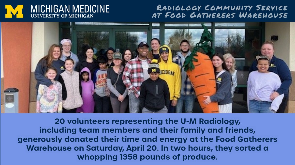 Michigan Radiology (@umichradiology) on Twitter photo 20 <a href="/UMichRadiology/">Michigan Radiology</a> volunteers, family and friends, recently donated their time and energy at the <a href="/FoodGatherers/">Food Gatherers</a> Warehouse. In two hours, the group sorted a whopping 1358 pounds of produce. Kudos to this team for serving our community!
foodgatherers.org 20 <a href="/UMichRadiology/">Michigan Radiology</a> volunteers, family and friends, recently donated their time and energy at the <a href="/FoodGatherers/">Food Gatherers</a> Warehouse. In two hours, the group sorted a whopping 1358 pounds of produce. Kudos to this team for serving our community!
foodgatherers.org