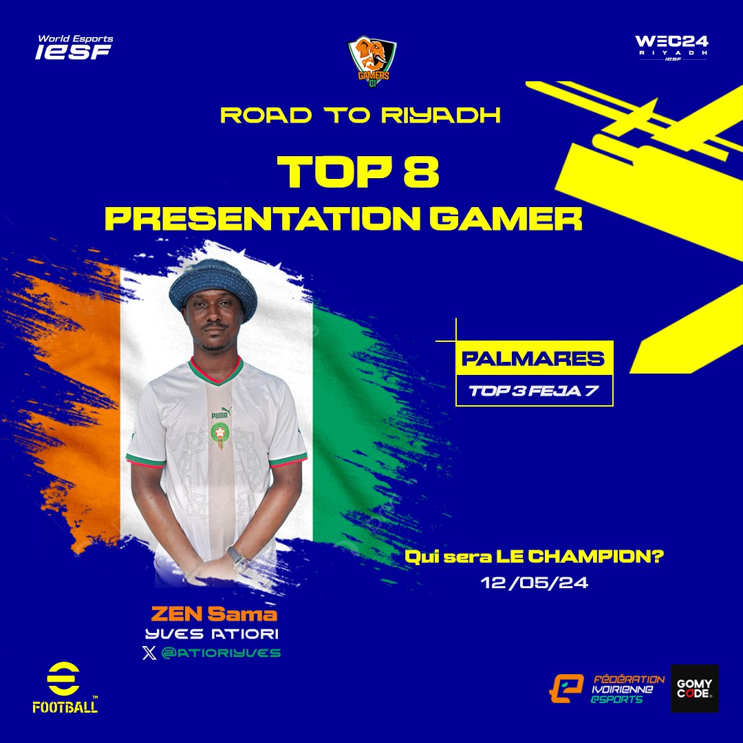 gamersci_'s tweet photo. Qualifications nationales 🇨🇮 #RoadToRiyadh sur #eFootball2024 🎮⚽️
Continuons la présentation des prétendants à la couronne avec:

@atioriyves ZEN Sama
BTW| Djoula @JeanyannK

📅 dimanche 12 mai
🕙 10h GMT
📍GoMyCode Riviera
#IESF #WorldEsports #WEC24 #RoadToRiyadh2024 https://t.co/TSbRNKS5Au
