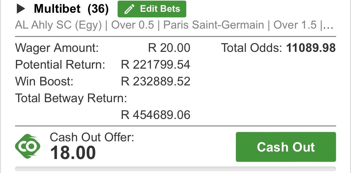 Who wants this massive ticket so that they pay their debts?
Betway is shaking already, R454k with R20 is ours this week. 
>Like or Repost then I drop

Those who want a spot in the group, 5 spots left,
April target of R200k reached✔️ 
May target is R30k-R100k, be there
Send DM