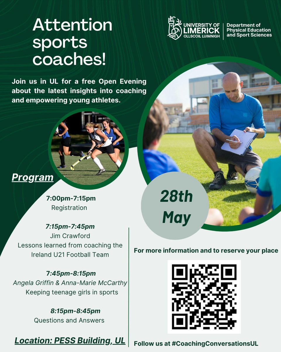 Are you a sports coach interested in quality coaching and empowering young athletes? Hear from a host of speakers at a free public Open Evening, taking place on Tuesday, 28 May. More information & registration👉 shorturl.at/lGJV8 #CoachingConversationsUL #StayCurious