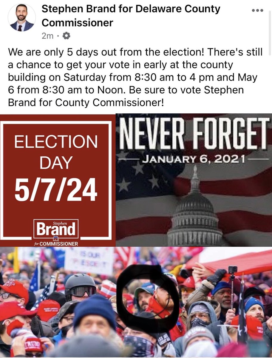 Stephen Brand wants to remind you to vote on 5/7/24. Please keep another date in mind Tuesday when you vote 1/6/21. Never forget January 6th. Brand was part of the insurrection. Vote to end Muncie MAGA!!! #StephenBrand #MuncieMAGA #NeverForgetJanuary6th #Muncie #Indiana #StopMAGA