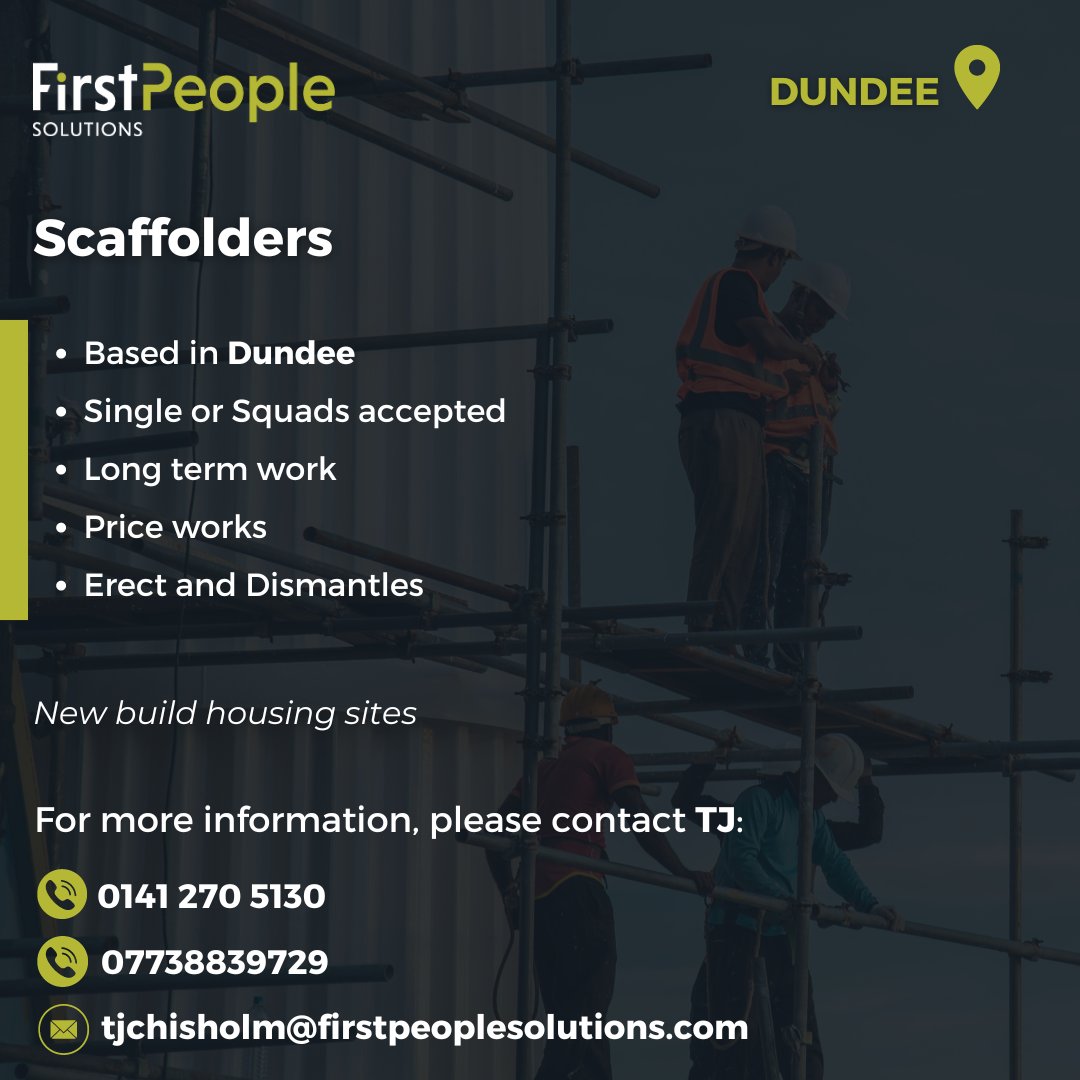 First People Solutions are looking for Scaffolders to join our team based in Dundee🛠️ For more information on how to apply, please get in touch with Tj Chisholm 📞: 0141 270 5130 📞: 07738839729 📧: tjchisholm@firstpeoplesolutions.com #firstpeoplesolutions #Scaffolders #Hiring