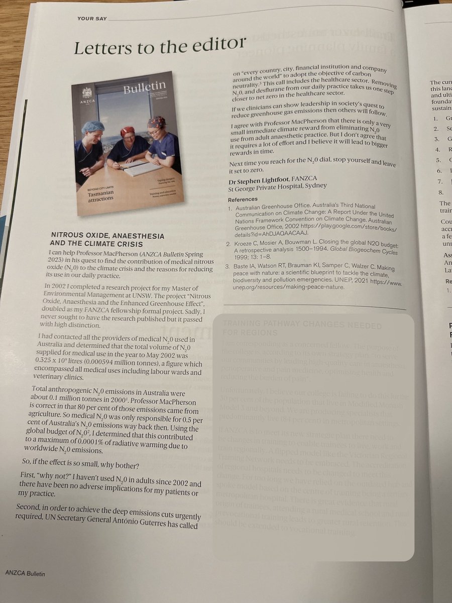 Just back from a fabulous <a href="/ANZCA/">ANZCA</a> #ASM24BRIS to find the ANZCA Bulletin in the mail box. This letter from me on Nitrous &amp; #ClimateChange relevant to many discussions that took place during the Environmental Sustainability Network session. #ClimateCrisis <a href="/archiecurium/">Dr Archie 🌱🌈</a>
