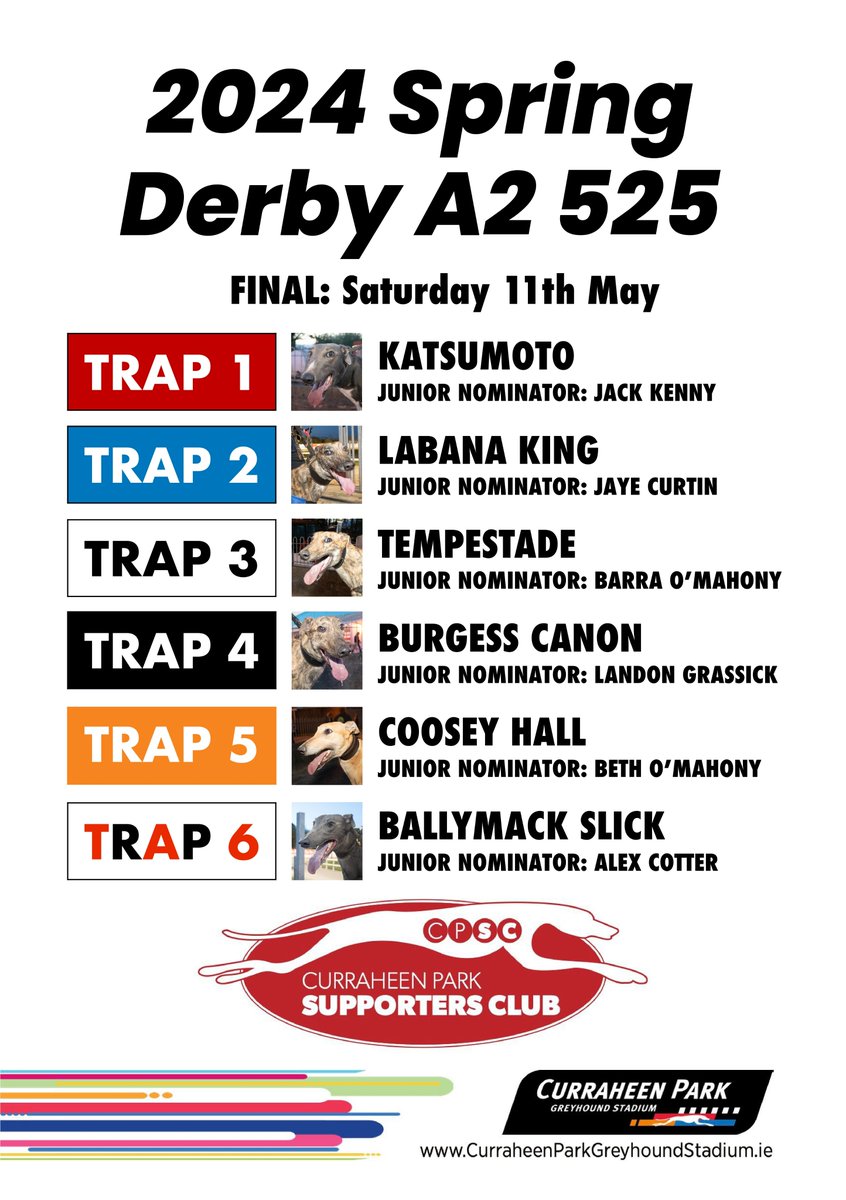 The Final of the 2024 Spring Derby A2 525 takes place right here this Saturday night! Who do you think will be the winner? 🏆

#SpringDerby #Cork #GoGreyhoundRacing #ThisRunsDeep