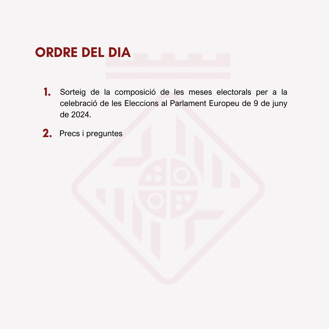 📣 L'Ajuntament de Moià convoca un Ple en sessió extraordinària amb motiu del sorteig de la composició de les meses electorals per a les Eleccions Europees del 9 de juny del 2024 🗓️ Dilluns 13 de maig 🕑18:00h @aramoia @JuntsperMoia @capgiremmoia @pscmoia