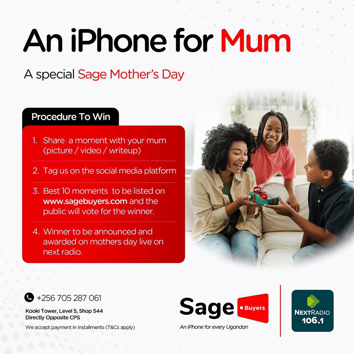iPhone 15 price when you buy from sagebuyers.com: UGX 3,600,000 

iPhone 15 price when you participate in the #SageMothersDay giveaway: UGX 0