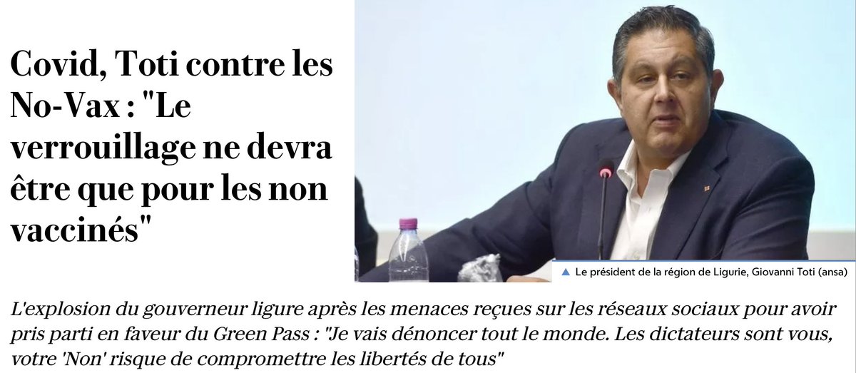 Giovanni Toti, le président de la région de Ligure en Italie, qui voulait enfermer les non-vax, forcer à la vaccination vient d'être arrêté pour corruption après une enquête la cellule Anti-Mafia et les douanes.