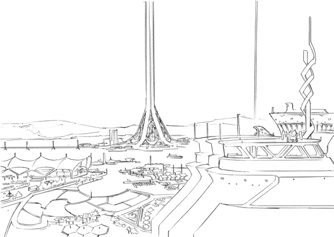 サンダーボルト19集に登場の月面都市フォン・ブラウン市のイメージボードをいくつか基本コンセプトはウメグラさんによるもので、自分はそれを漫画に落とし込む感じでした 