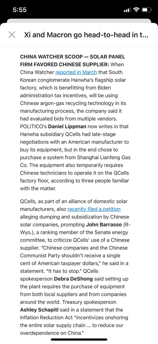 NEWS: Senate energy committee ranking member John Barrasso is criticizing QCells’ use of a Chinese supplier for its IRA-supported solar plant. “Chinese companies and the Chinese Communist Party shouldn’t receive a single cent of American taxpayer dollars.” politico.eu/newsletter/chi…