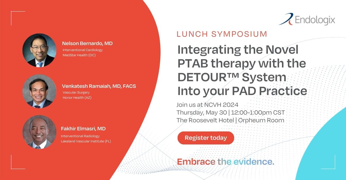 Join us at #NCVH2024 on Thursday, May 30th at 12:00PM-1:00PM for an engaging session on “Integrating the Novel PTAB therapy with the DETOUR™ System Into your PAD Practice”. Stay tuned for more details! web.cvent.com/event/805b2a28… #vascularhealth #Endologix #vascsurg