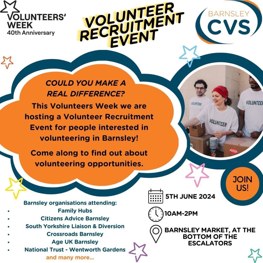 Volunteering is a great opportunity to make friends, learn new skills and build your CV. On the 5th June you can meet lots of charities in Barnsley who are recruiting volunteers! Come along and have a chat with them to find out how you can get involved.