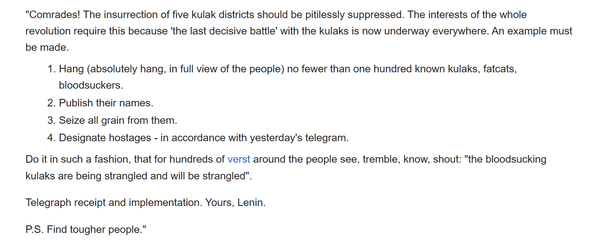 Telegram to J. V. Stalin, February 16 - 1920

Lenin's Hanging order, August 11 - 1918