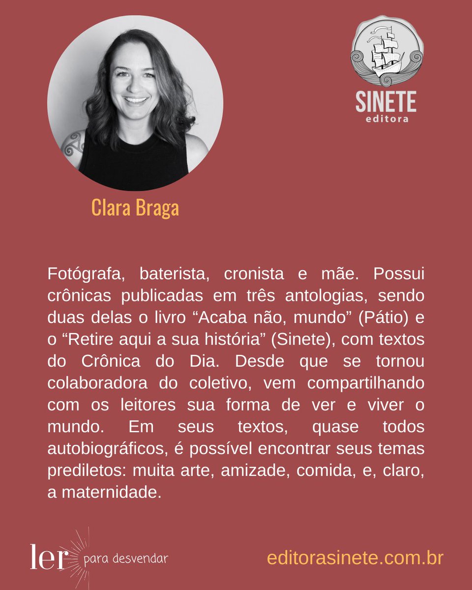 EditoraSinete's tweet photo. Clara Braga é uma das participantes da antologia “Esboços e rupturas”, que está em pré-venda.   

Para mais informações e adquirir seu exemplar com desconto: https://t.co/YoBQek2mc3.

#clarabraga #cronicadodia #editorasinete #acontecenoslivros #lerparadesvendar https://t.co/Zvk6w3GmkW