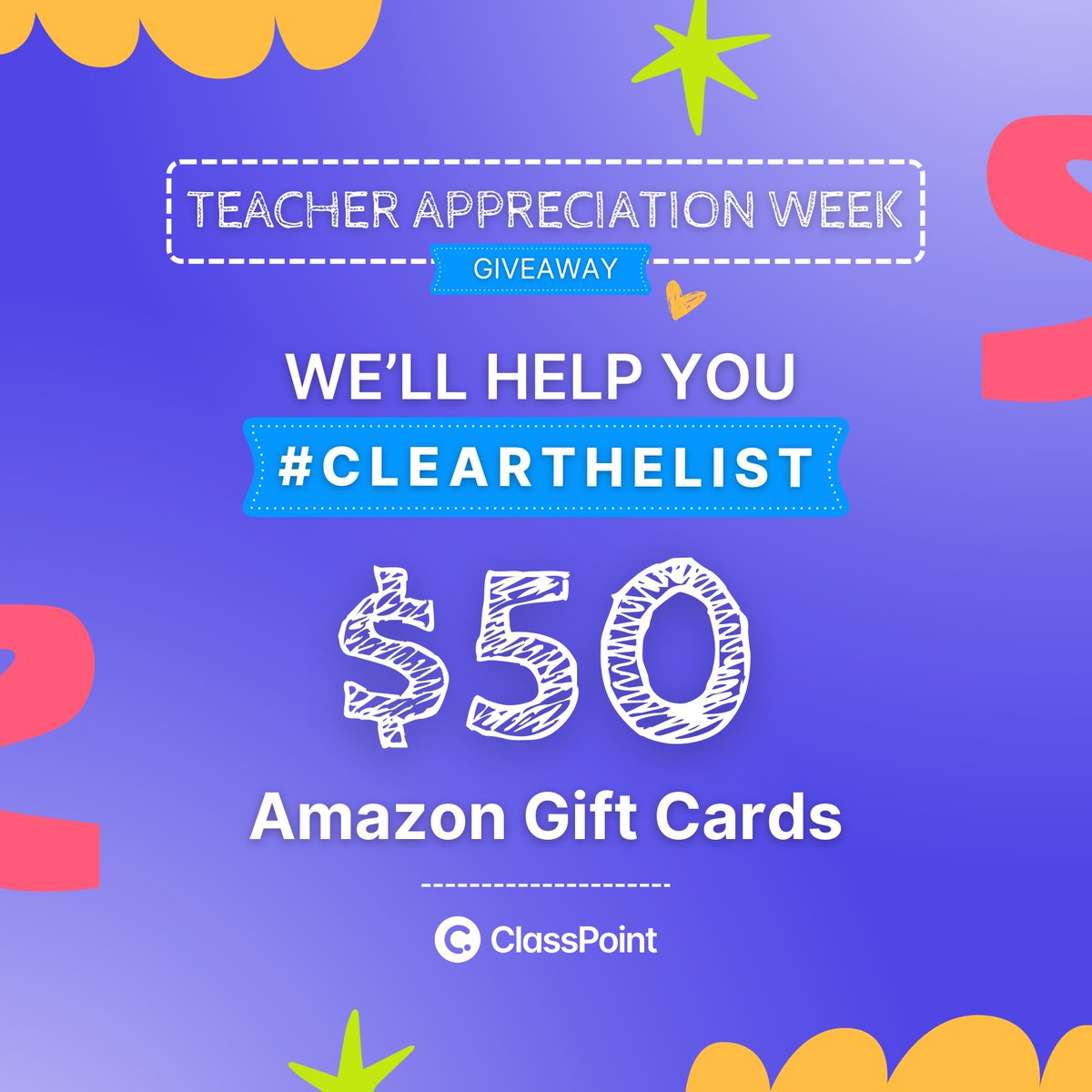 📣 #Teachers! We're giving away THREE $50 Amazon gift cards this #TeacherAppreciationWeek to help you #clearthelist 🥳

💫 Join in easy steps:
1️⃣ Follow us
2️⃣ Retweet &amp; like this post
3️⃣ Tag a teacher friend 

Ends on May 12. Winners will be announced and DMd on May 13 💙