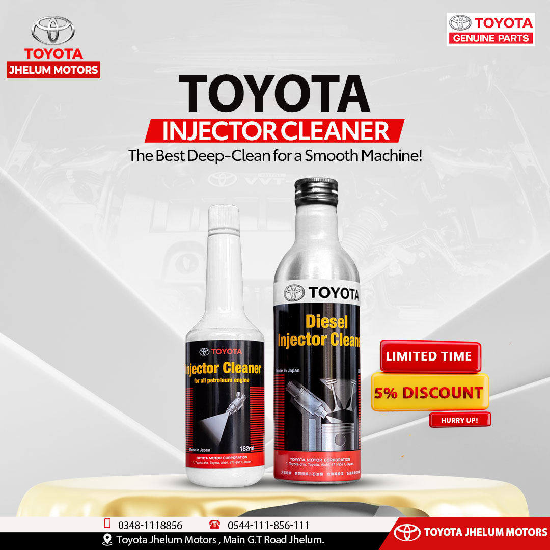 Revitalize your ride with a 5% discount on Toyota Injector Cleaner at Toyota Jhelum Motors! Don't miss out on this special offer.

#ToyotaJhelumMotors #ToyotaOffer #EngineCare #ToyotaGenuineParts #toyotaengineflushgasoline #toyotainjectorcleaner #ToyotaJhelum #InjectorCleaner
