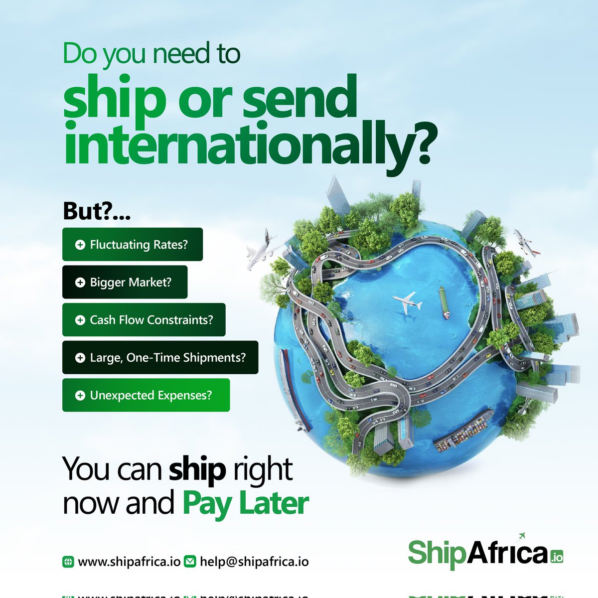 E shock you? 😳
With Ship Now Pay Later(SNPL), getting funds for your shipment just got easier!

Join us today and enjoy SNPL. 

For more enquiries on SNPL send a DM or call +234 916 063 6228.

#logistics #ShipAfrica #business #entrepreneur #delivery #logisticsinlagos #shipping