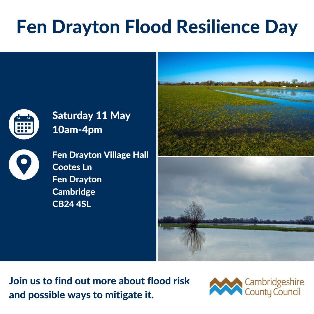 Come and speak to us at our next Flood Resilience Event at Fen Drayton Village Hall on Saturday 11 May from 10am - 4pm. Find out more about our Community Flood Action programme here: cambridgeshire.gov.uk/business/plann… #Flood #Flooding #Cambridgeshire