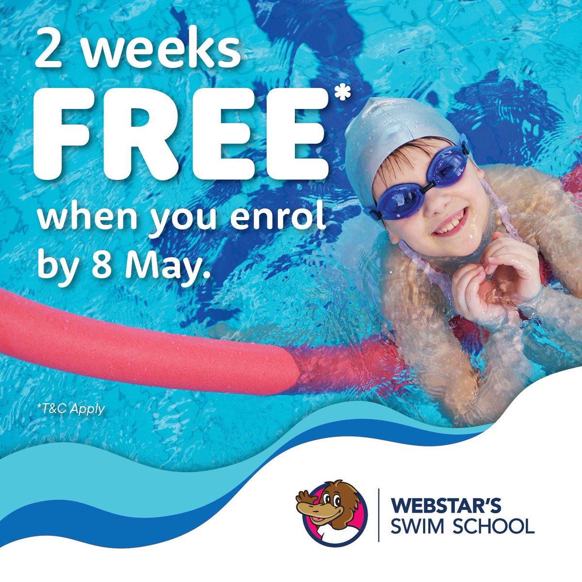 Just one day remains to take up this terrific offer. Learn lessons for life and receive two weeks FREE* when you join as a new Webstar's Swim School member by 8 May. Join online here 👉 ow.ly/7n0C50RhLSi   *T&Cs apply