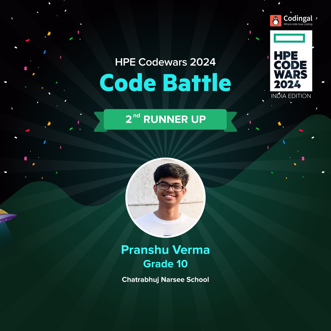 codingal's tweet image. Congratulations to the 2nd runner up of HPE CodeWars- Codebattle 2024! 📷We extend our heartfelt greetings to Pranshu Verma from Chaturbhuj Narsee School, Mumbai #hpecodewars2024 #hpecodebattle #codingforkids #codingal #codebattlewinners