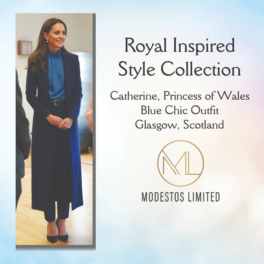For her royal visit to Glasgow, Scotland #KateMiddleton opted for a Catherine Walker navy long coat, Cefinn Riley funnel neck blouse in cornflower blue, with a black croc-effect leather belt and navy high waist trousers. 📸PA

#princessofwales #styleoftheday #getthelook