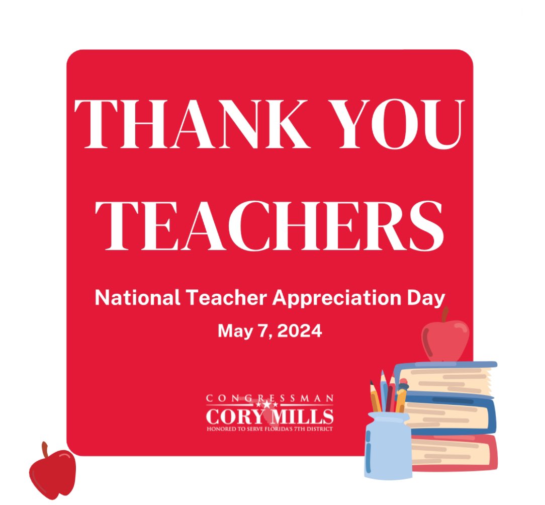 Happy Teachers Appreciation Day! Kicking off a week to honor and thank our teachers in the FL-07 and across the country who work daily to educate and inspire the leaders of tomorrow and provide them with the knowledge, skills, and values should they need to better succeed in