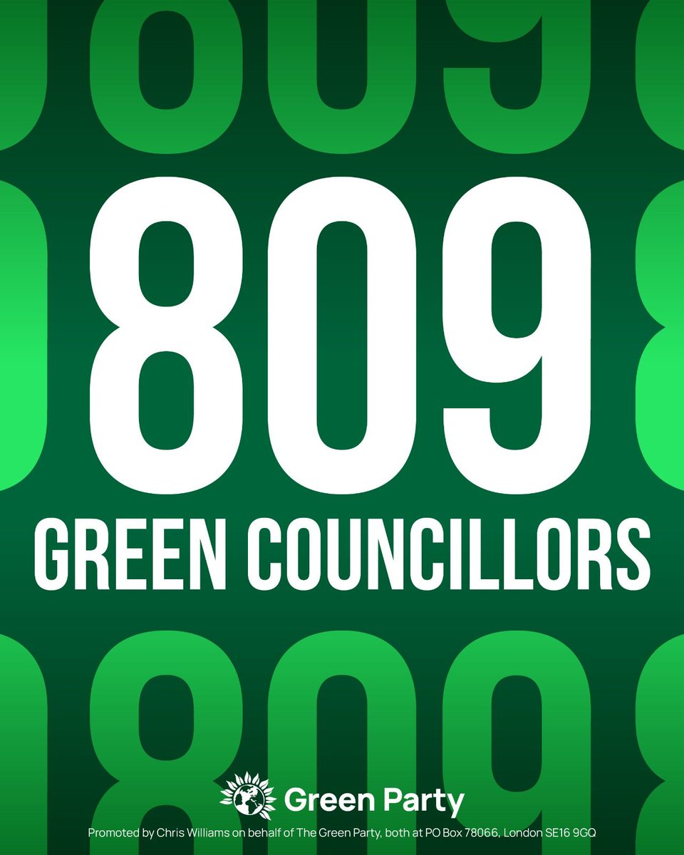💪 Following last week's local elections, the Green Party now has 809 councillors on 174 councils across England and Wales! 💚 Want to help elect the next generation of Green MPs? Join the Green Party today at the link below ⤵️