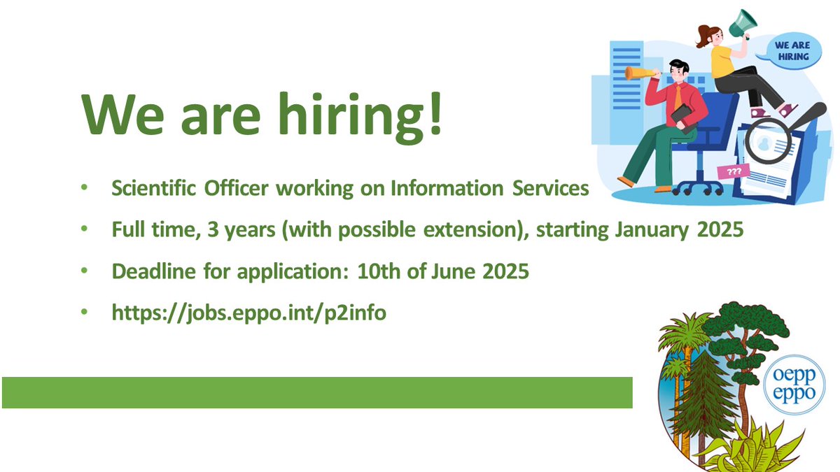 🌿 Very exciting job opportunity ! EPPO is seeking a Scientific Officer (P2) to work (with me!) on Information Services in Paris. If you're passionate about #planthealth and have expertise in #horizonScanning , apply by June 10th. Details & application: jobs.eppo.int/p2info