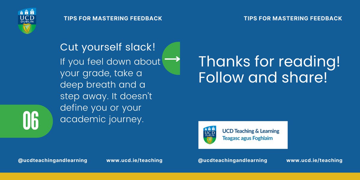 Students: feedback is more than just something lecturers hand out and you receive - it's an opportunity to improve your work and develop the skill of judging your own work. See our six quick tips here for mastering feedback, and then read our full guide: ucd.ie/teaching/t4med…