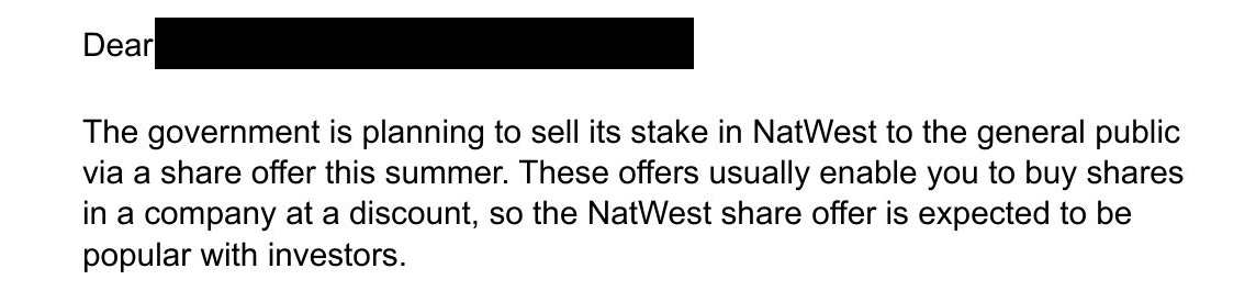 Dear SUCKER,

Bankster crook @RishiSunak is planning to sell you shares in @NatWest_Help, a bank YOU ALREADY OWN and spent £100bn's propping up their criminality. Please find it in your heart to waste your money buying shares in NatWest (PS you're taxed on your 'investment').