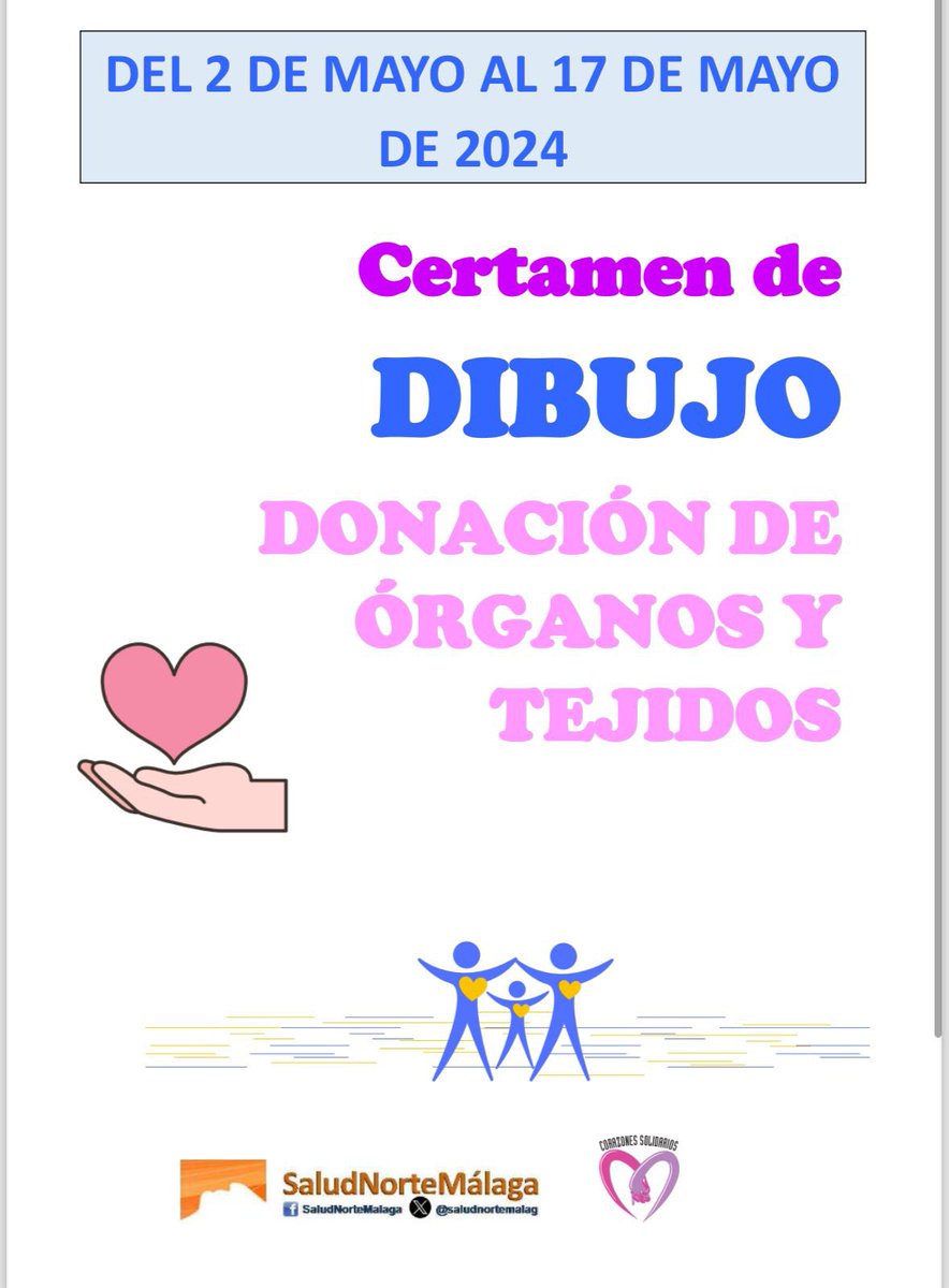 📣📣 CERTAMEN DE DIBUJO SOBRE DONACIÓN DE ÓRGANOS Y TEJIDOS Lo convoca el Área Sanitaria Norte de Málaga-Antequera junto con la Asociación Corazones Solidarios con el fin sensibilizar a los jovenes en estas donaciones Bases: tinyurl.com/2x9we3zz