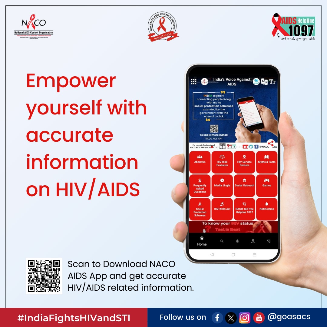 A handy resource for accurate information about HIV/AIDS. Download the NACO App today! #hivawareness #HIVPrevention #IndiaFightsHIVandSTI #LetCommunitiesLead #NACOApp #dial1097 #HIV #AIDS #hivaidsawareness #goasacs