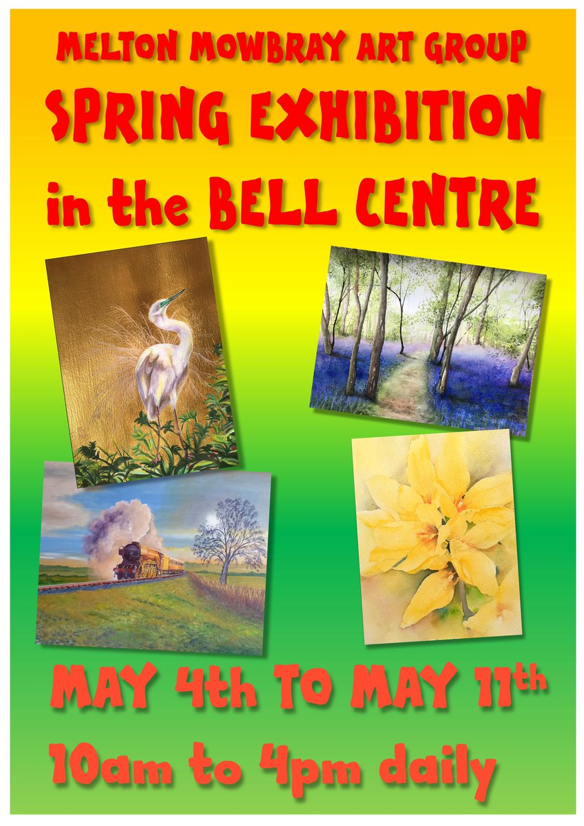 Visiting the town & markets today? The Melton Mowbray Art Group Spring Exhibition is open in the Bell Centre from 10am until 4pm, open daily until 11th May
#melton #meltonmowbray #artgroup #artgallery #art #exhibition 
@meltontimes @MeltonDirectory