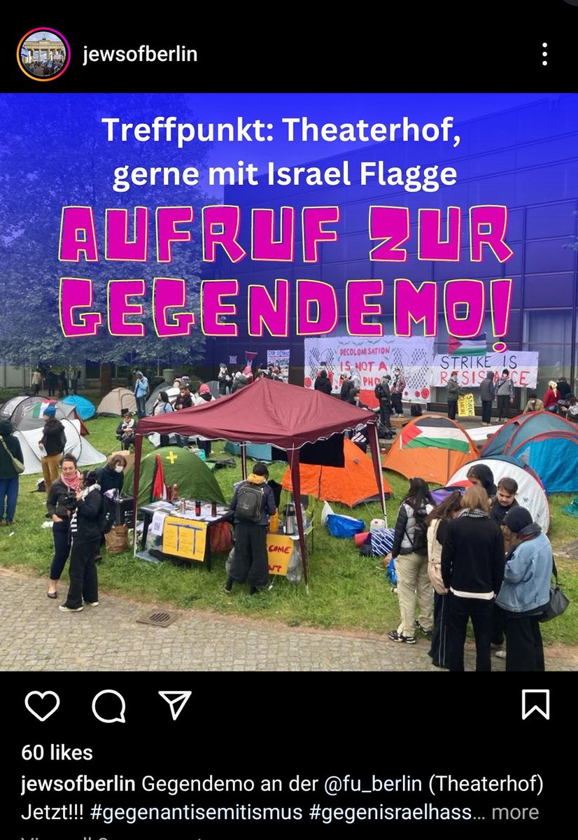 Gegen das israelfeindliche Camp bei der FU #Berlin gibt es jetzt gerade/gleich eine Gegendemo am Theaterhof.