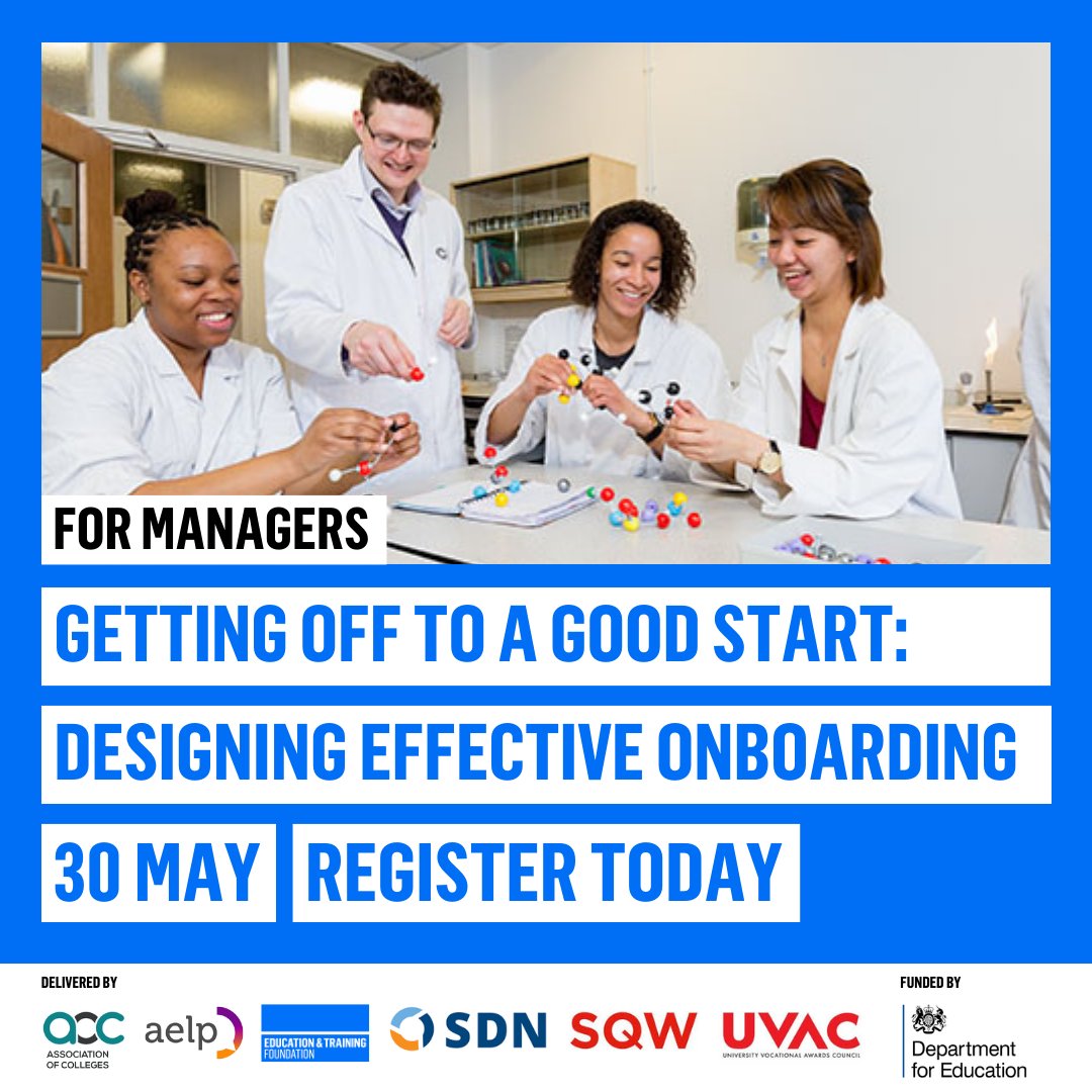 Join this #Apprenticeship Workforce Development course to set apprentices up for success from day 1. Getting off to a good start: designing effective onboarding 30 May: NO CHARGE Limited spaces, book fast: learning.etfoundation.co.uk/courses/gettin… @AoC_info @AELPUK @E_T_Foundation @SQW_uk @UVAC1