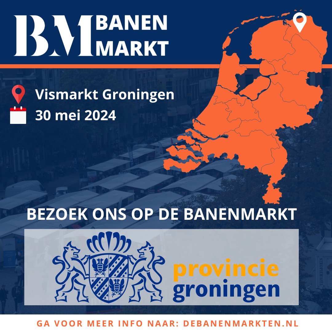 📣 Op 30 mei staan we op de De Banenmarkt. Benieuwd naar wat werken bij de provincie Groningen inhoudt? ⏰ Zet de datum alvast in je agenda en kom langs tussen 11.00 - 18.00 uur. Kun je niet wachten? Bekijk tinyurl.com/47knekxs voor onze vacatures.