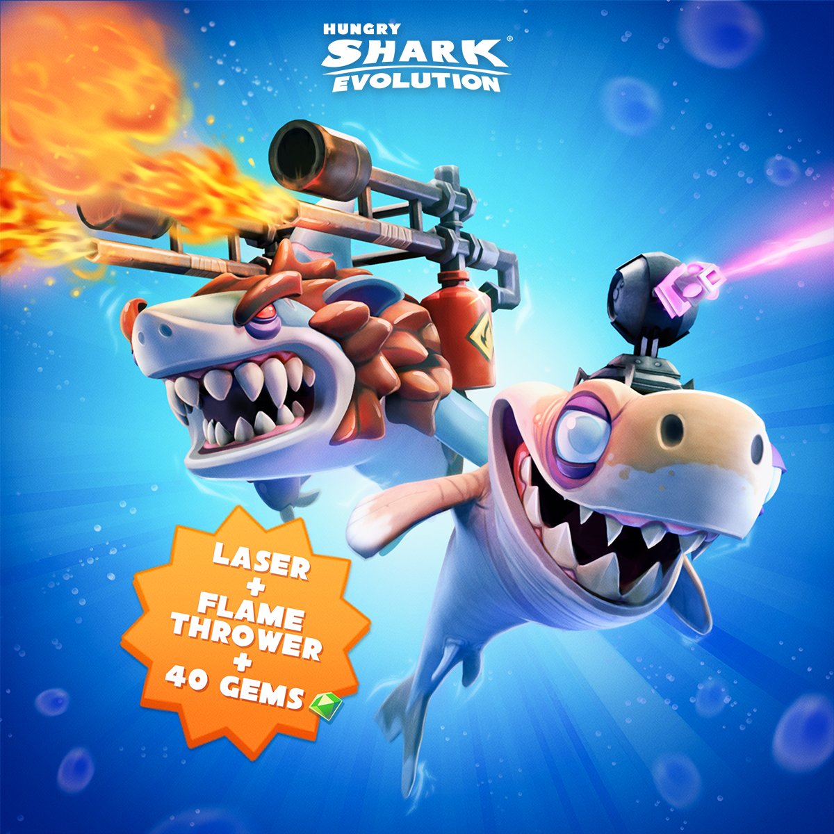 Get ready to gear up in #HSE! 🦈 Snag a pack featuring a laser and flamethrower to light up your gameplay. 😎 Barbecue your way to the top of the food chain! 🔥 #HungrySharkEvolution